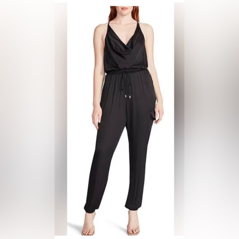 Steve Madden black Valencia Satin Cowl Neck cargo Sleeveless Jumpsuit size small